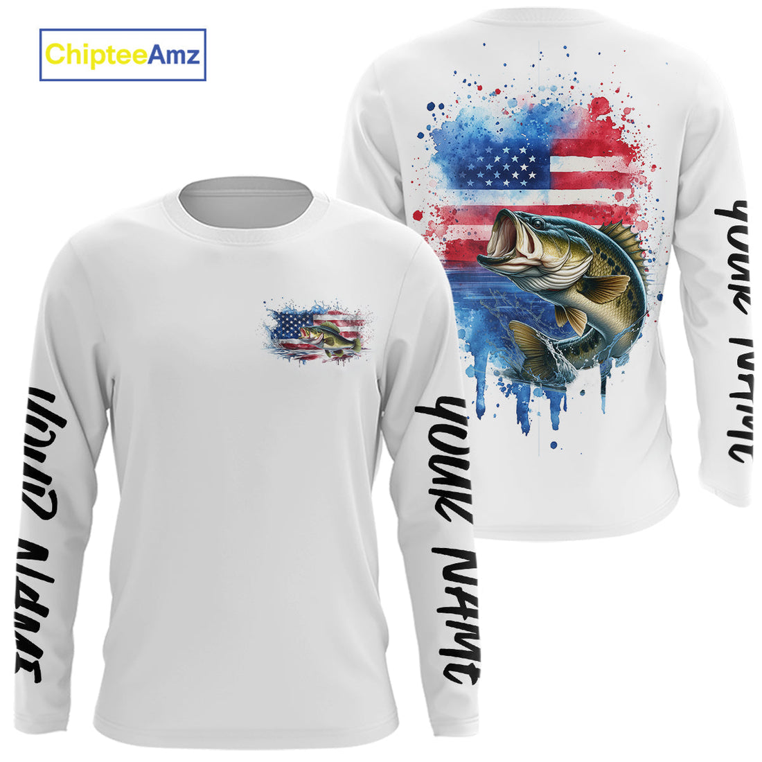 Custom Watercolor American Flag Patriotic Largemouth Bass Long Sleeve Hooded Fishing