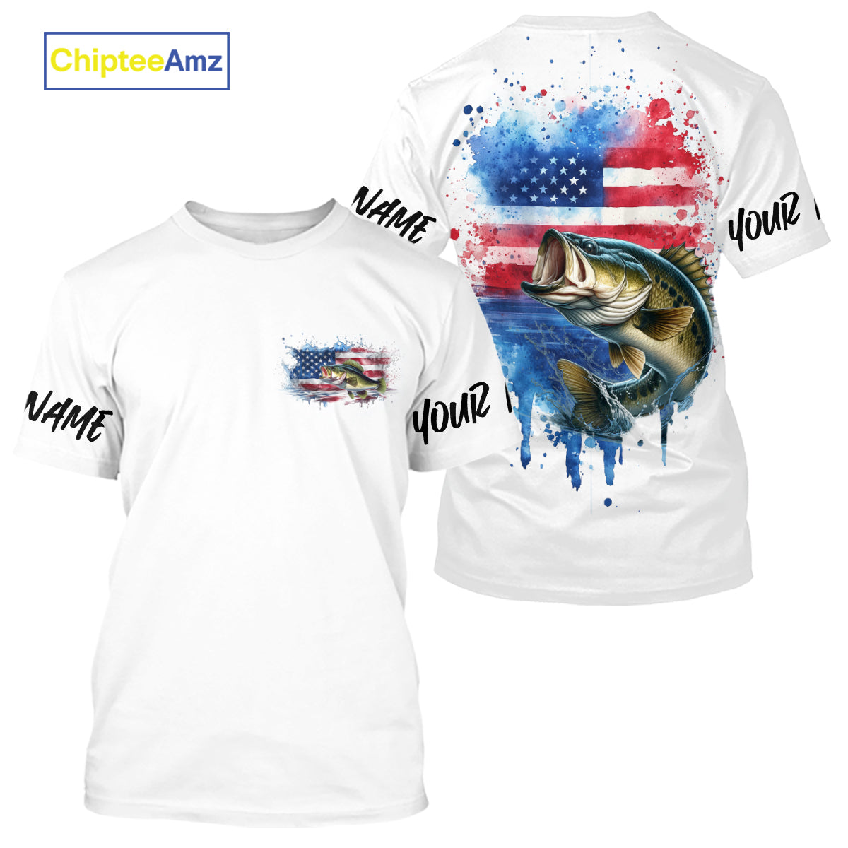 Custom Watercolor American Flag Patriotic Largemouth Bass Long Sleeve Hooded Fishing