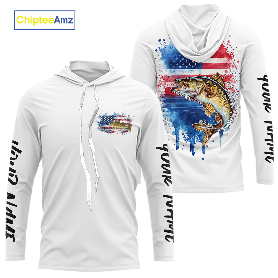 Custom Watercolor American Flag Patriotic Walleye Long Sleeve Hooded Tournament Fishing