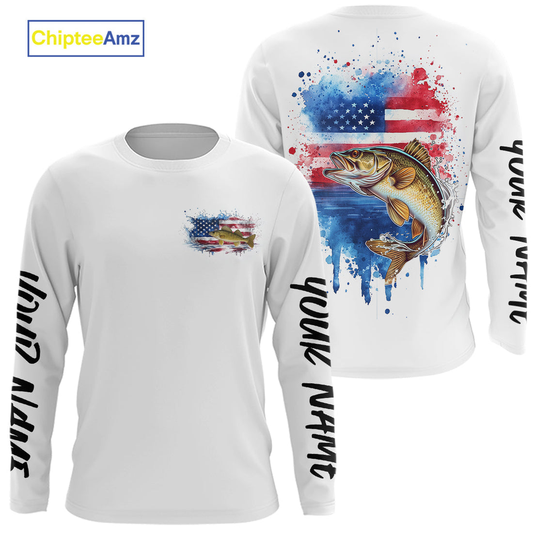 Custom Watercolor American Flag Patriotic Walleye Long Sleeve Hooded Tournament Fishing