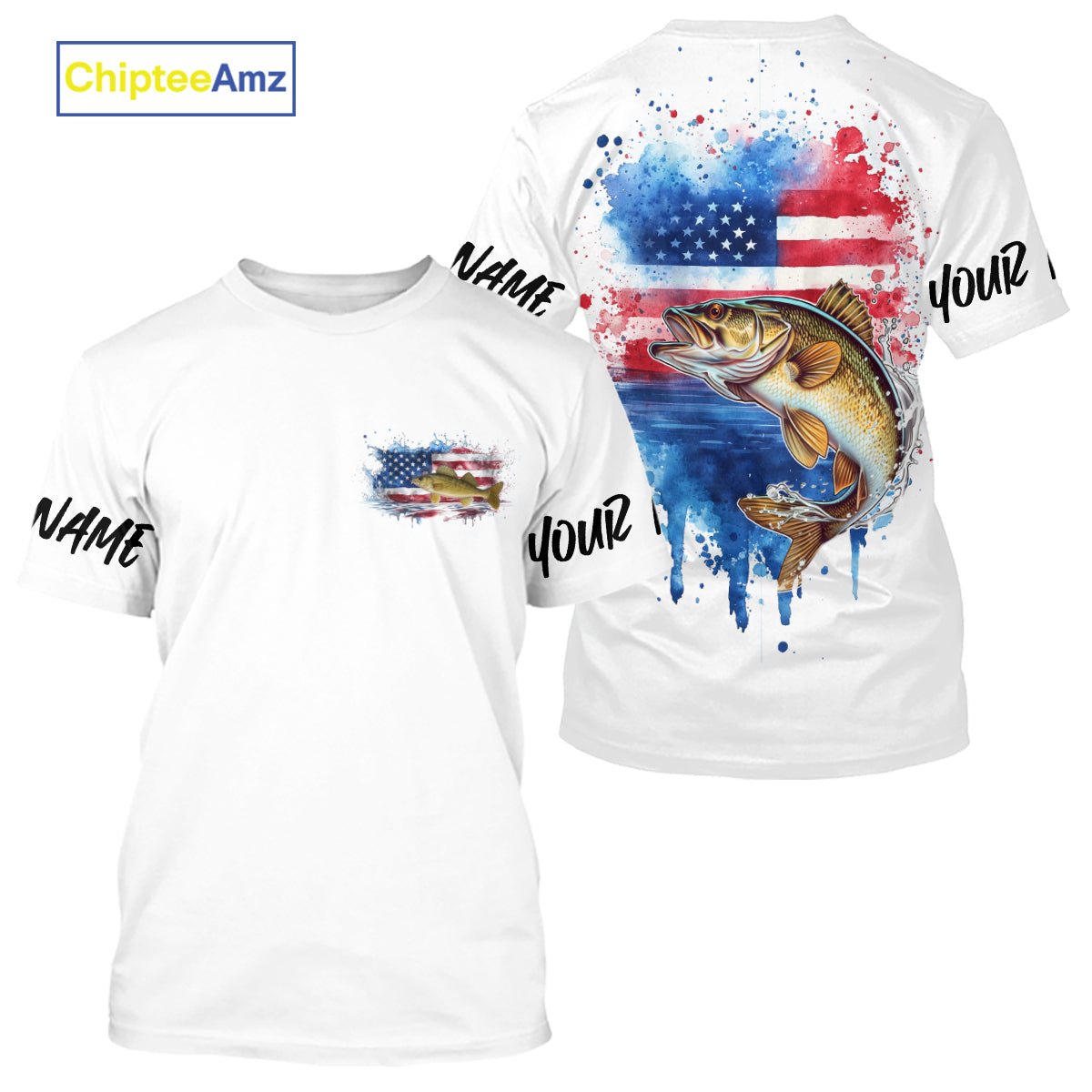 Custom Watercolor American Flag Patriotic Walleye Long Sleeve Hooded Tournament Fishing