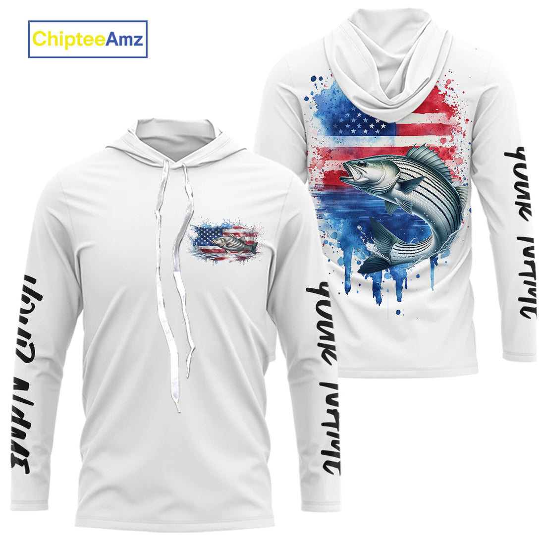 Custom Watercolor American Flag Patriotic Striped Bass Long Sleeve Hooded Tournament Fishing