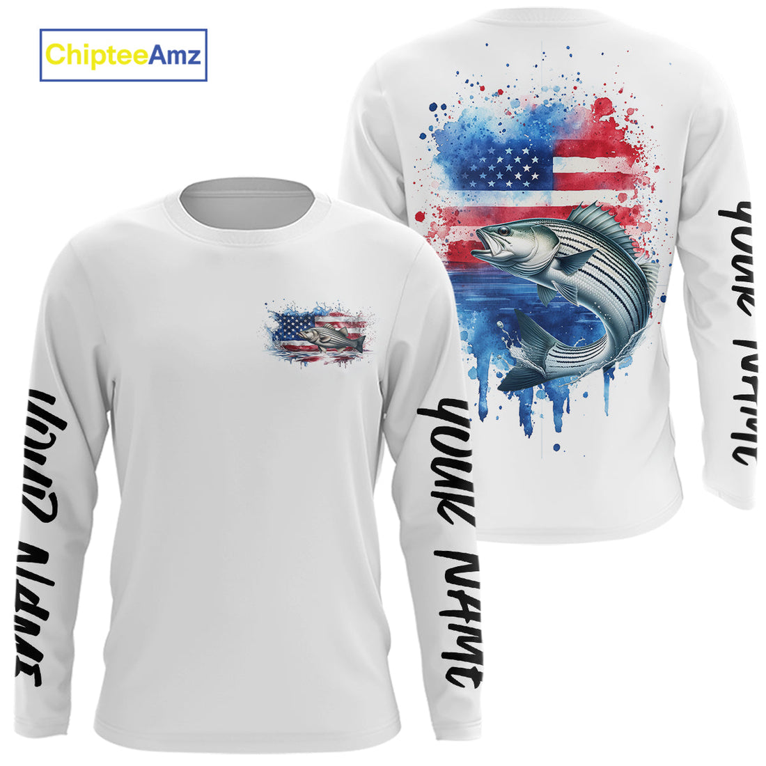 Custom Watercolor American Flag Patriotic Striped Bass Long Sleeve Hooded Tournament Fishing