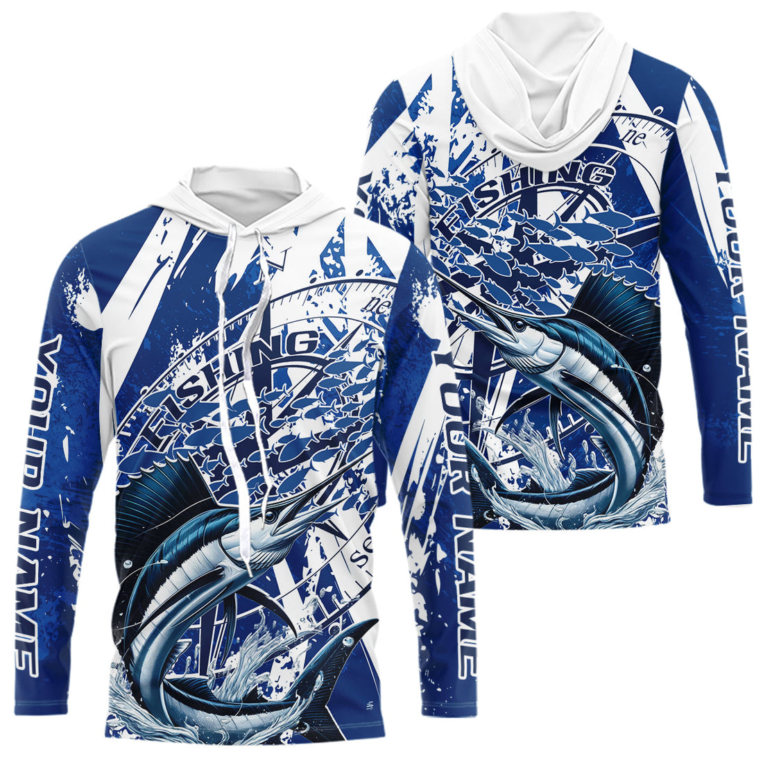 Custom Blue Camo Sailfish Saltwater Fishing Long Sleeve Hooded Performance Fishing