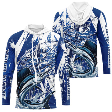 Custom Blue Camo Sailfish Saltwater Fishing Long Sleeve Hooded Performance Fishing