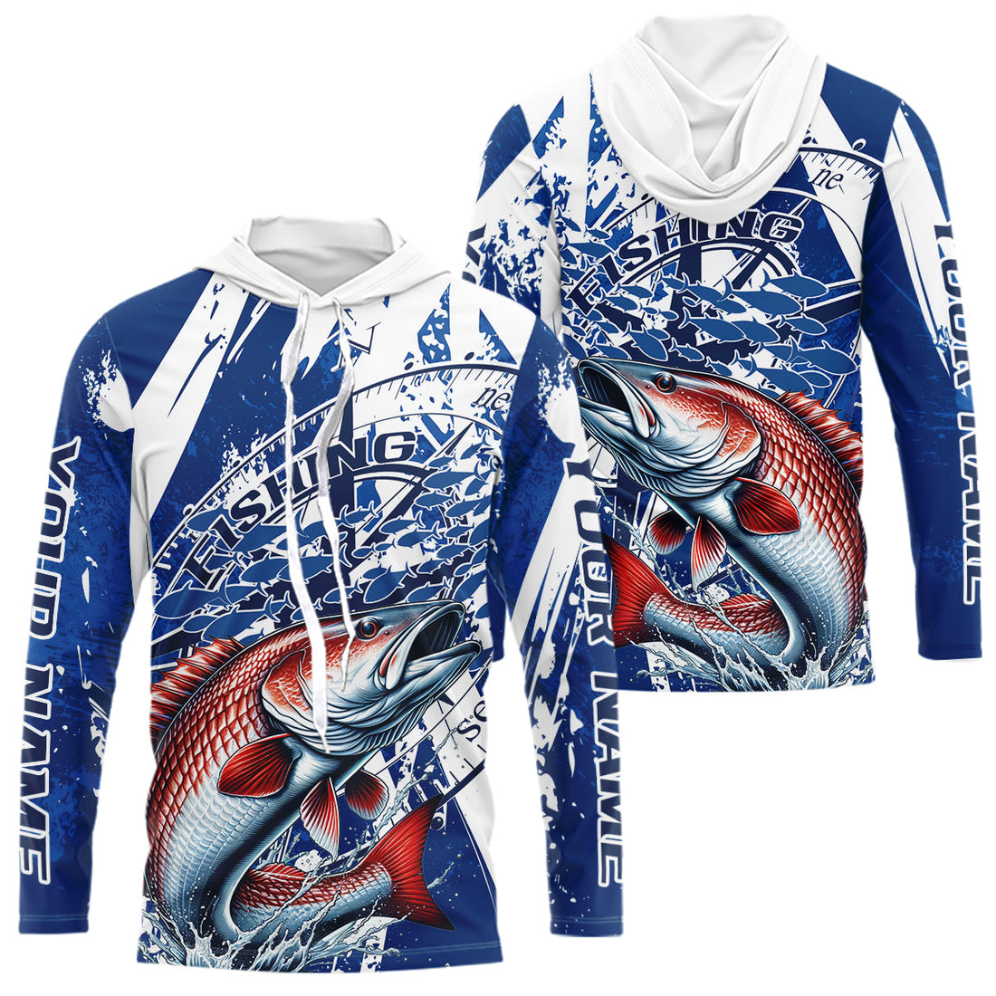 Custom Blue Camo Redfish Puppy Drum Saltwater Fishing Long Sleeve Hooded Fishing