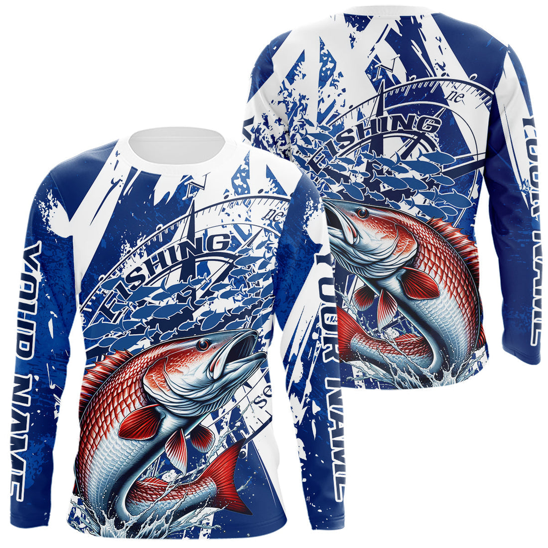 Custom Blue Camo Redfish Puppy Drum Saltwater Fishing Long Sleeve Hooded Fishing
