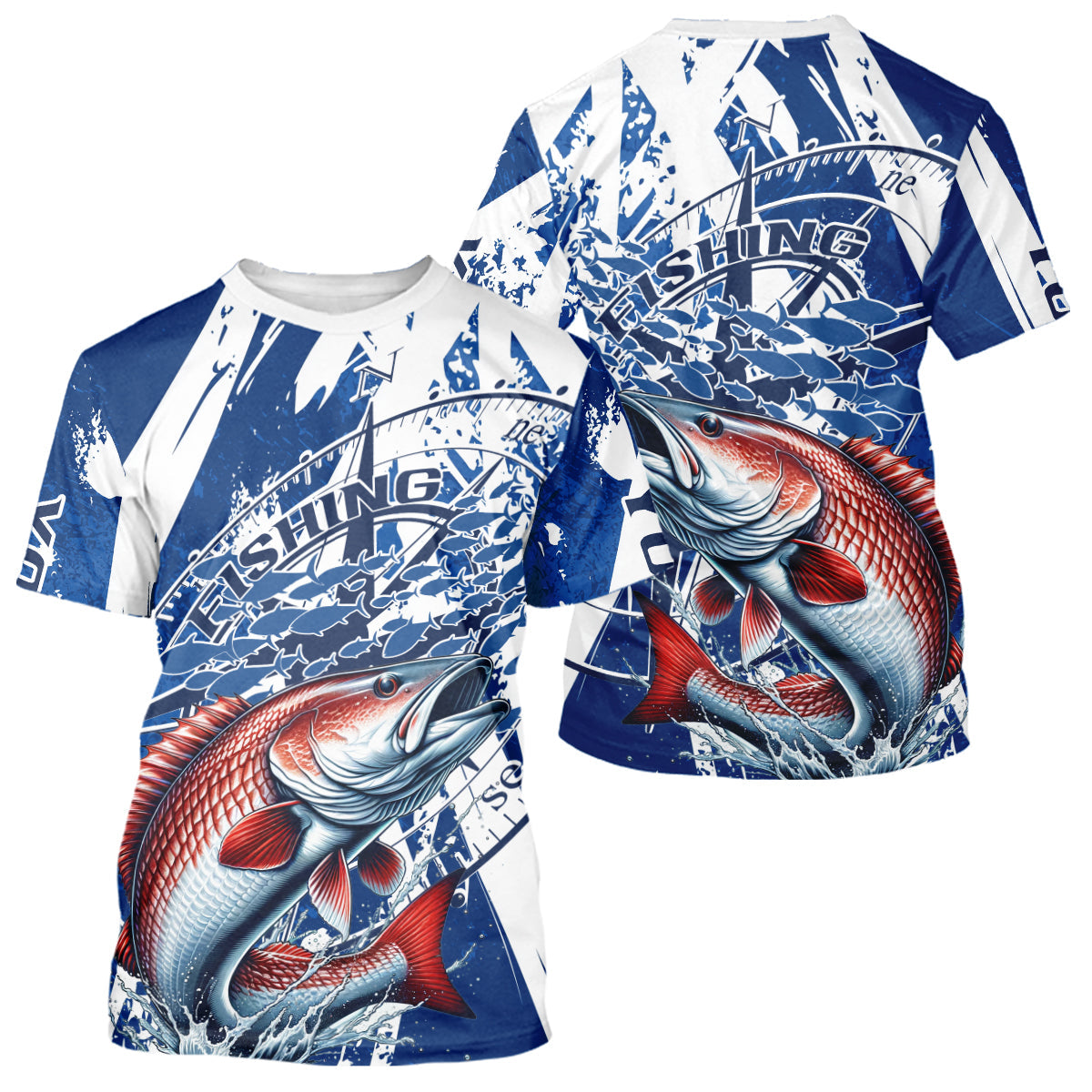 Custom Blue Camo Redfish Puppy Drum Saltwater Fishing Long Sleeve Hooded Fishing
