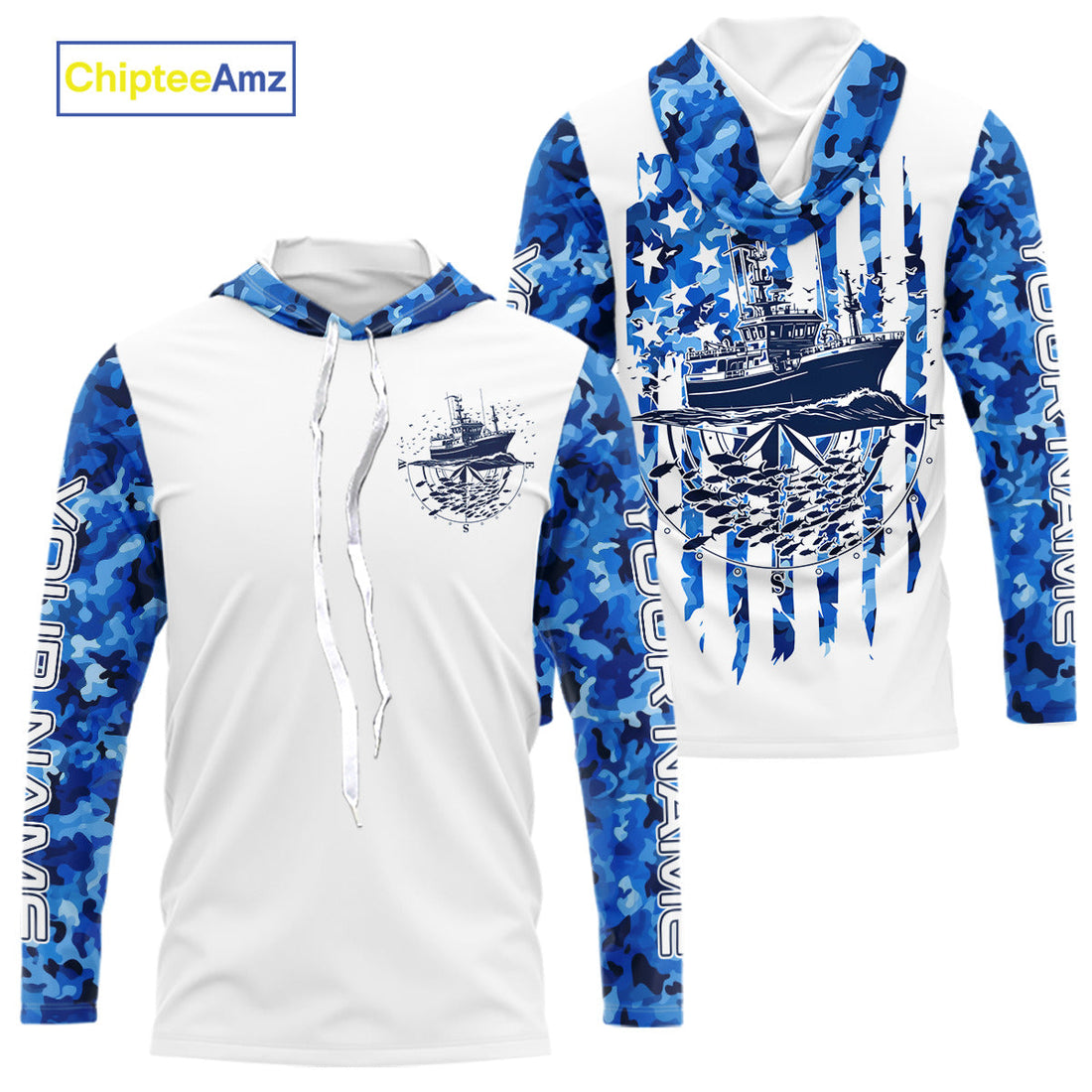 Custom Blue Camo Patriotic Saltwater Long Sleeve Hooded Fishing, Deepsea Fishing