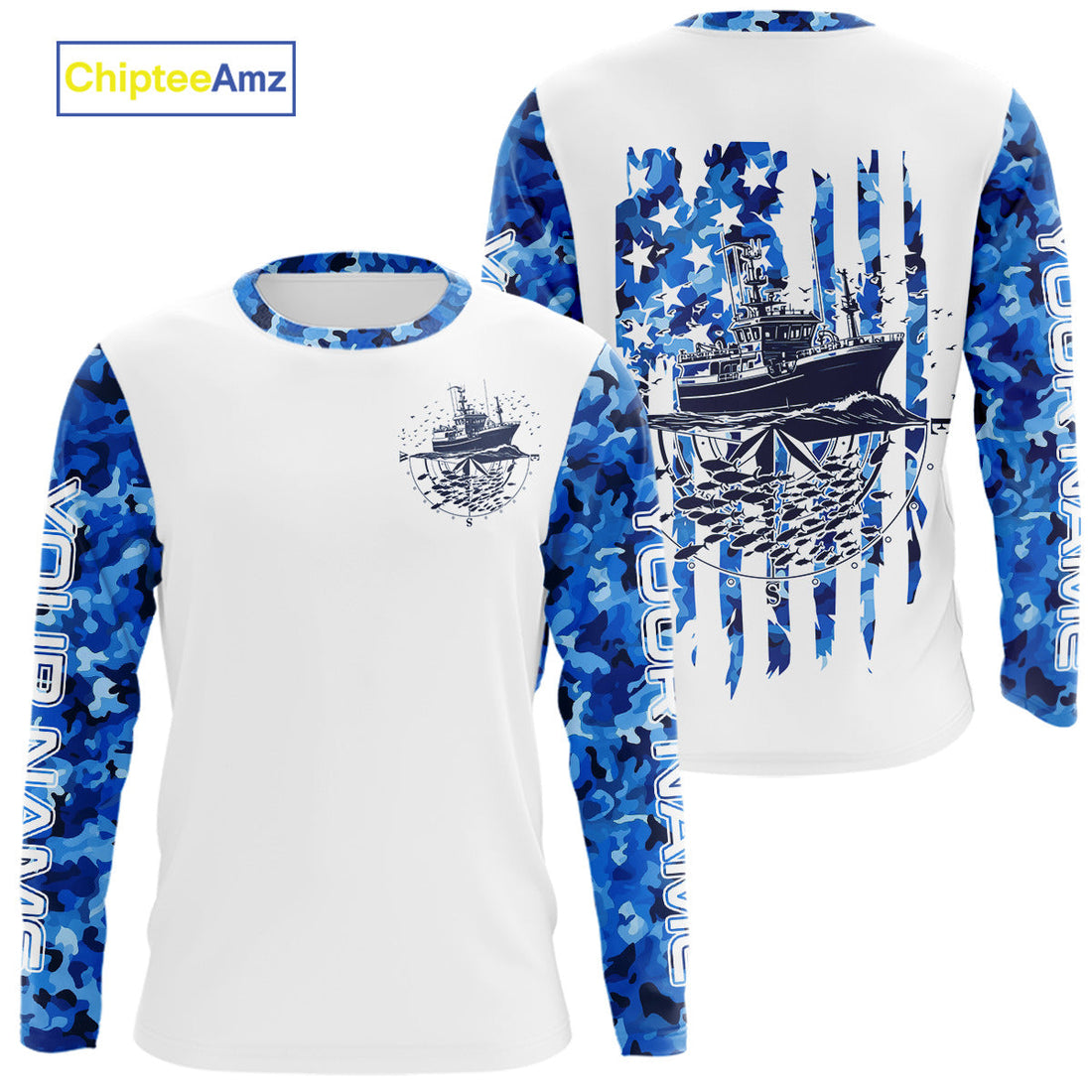 Custom Blue Camo Patriotic Saltwater Long Sleeve Hooded Fishing, Deepsea Fishing
