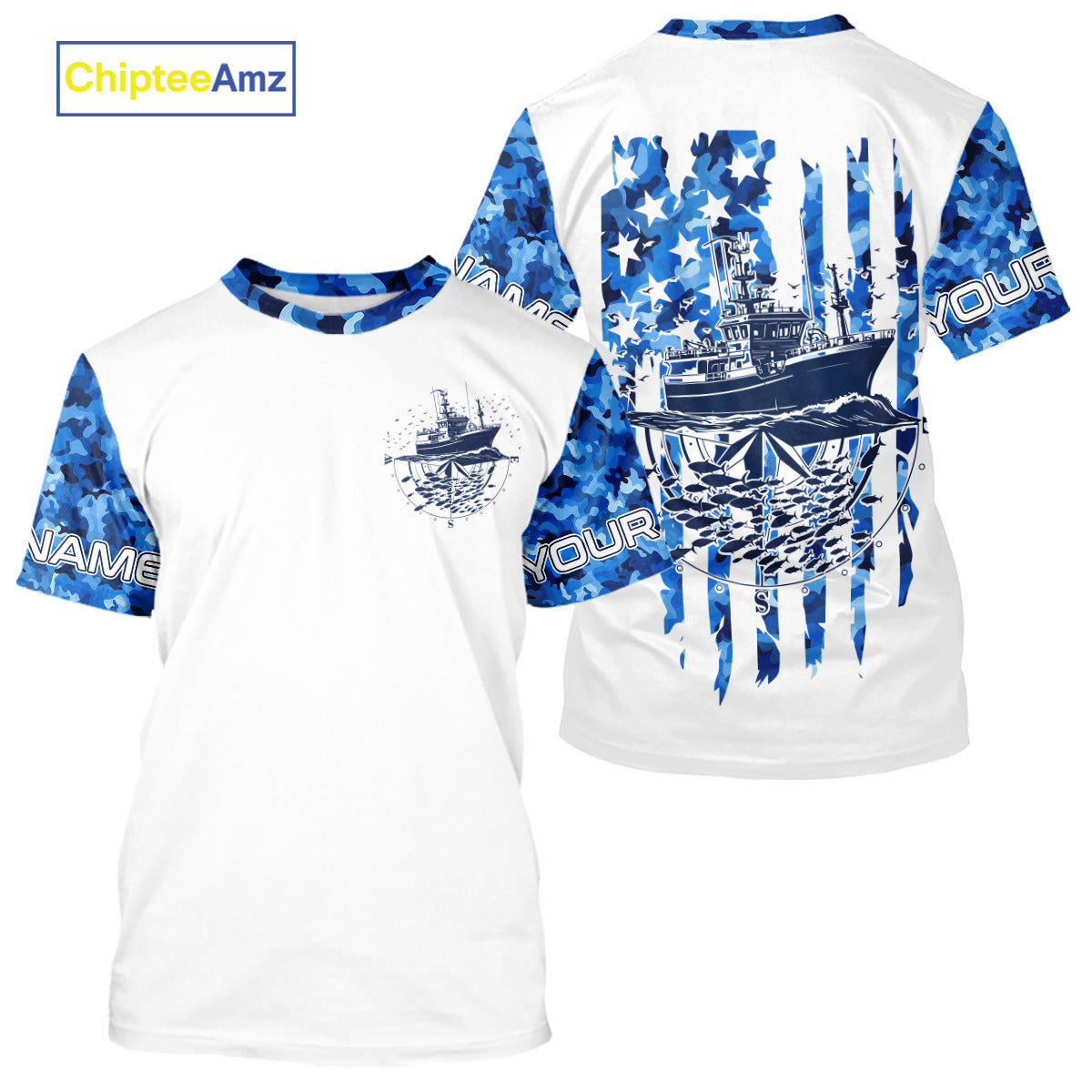 Custom Blue Camo Patriotic Saltwater Long Sleeve Hooded Fishing, Deepsea Fishing