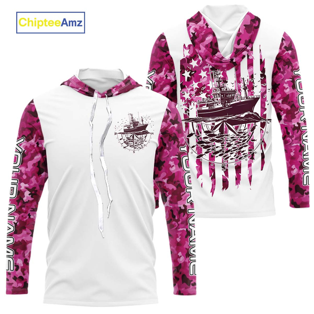 Custom Pink Camo Patriotic Saltwater Long Sleeve Hooded Fishing, Deepsea Fishing