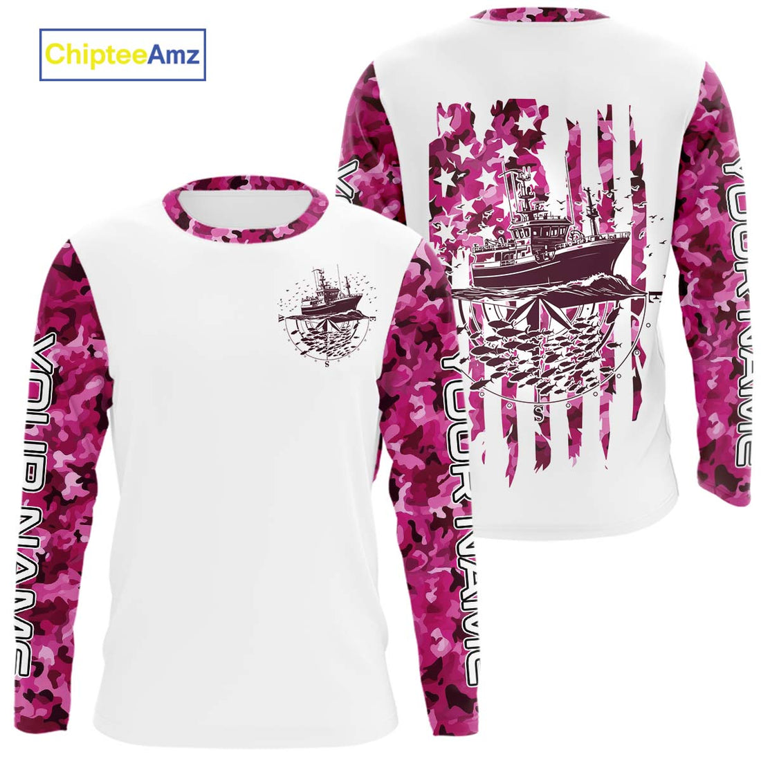 Custom Pink Camo Patriotic Saltwater Long Sleeve Hooded Fishing, Deepsea Fishing