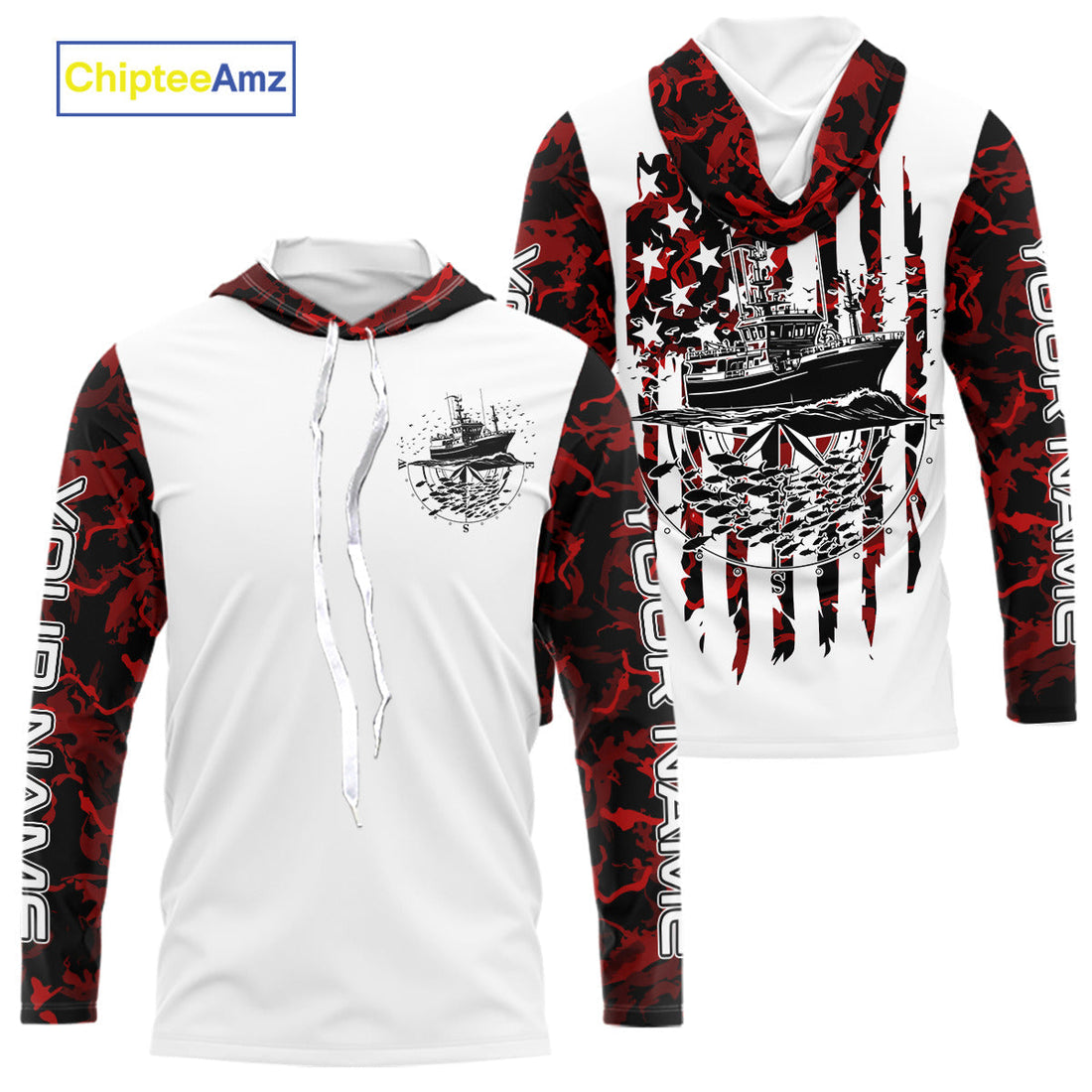 Custom Red Camo Patriotic Saltwater Long Sleeve Hooded Fishing, Deepsea Fishing