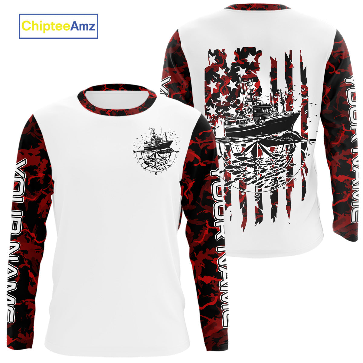 Custom Red Camo Patriotic Saltwater Long Sleeve Hooded Fishing, Deepsea Fishing
