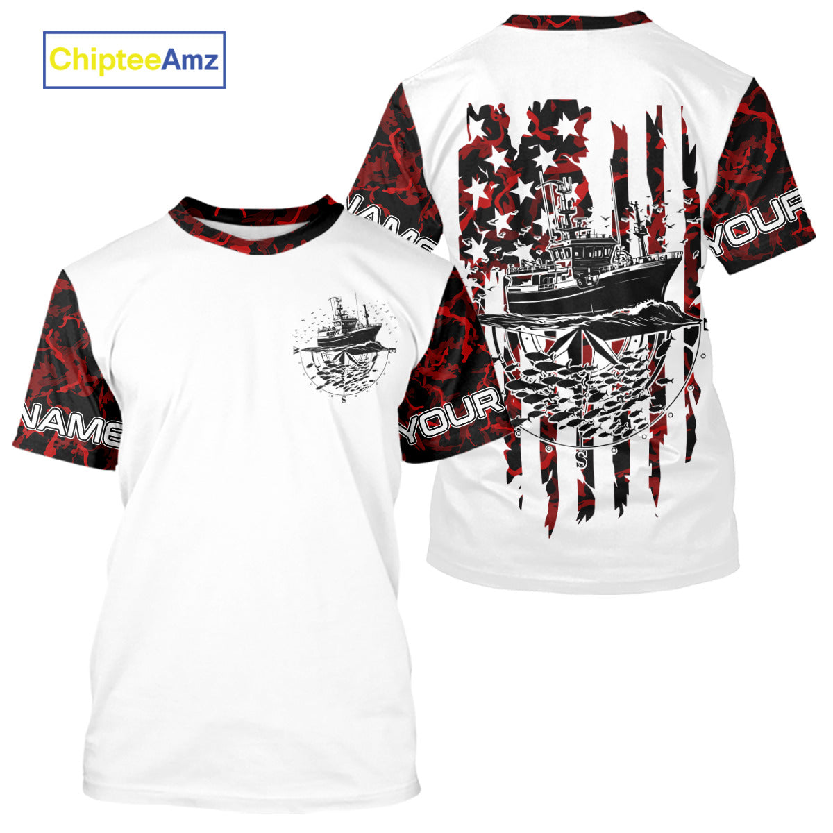 Custom Red Camo Patriotic Saltwater Long Sleeve Hooded Fishing, Deepsea Fishing