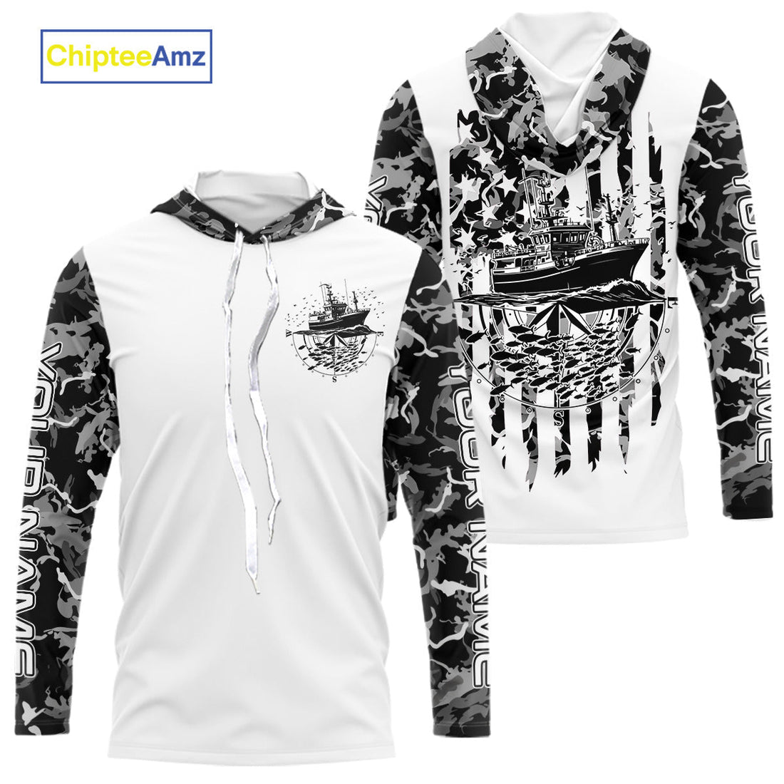 Custom Gray Camo Patriotic Saltwater Long Sleeve Hooded Fishing, Deepsea Fishing