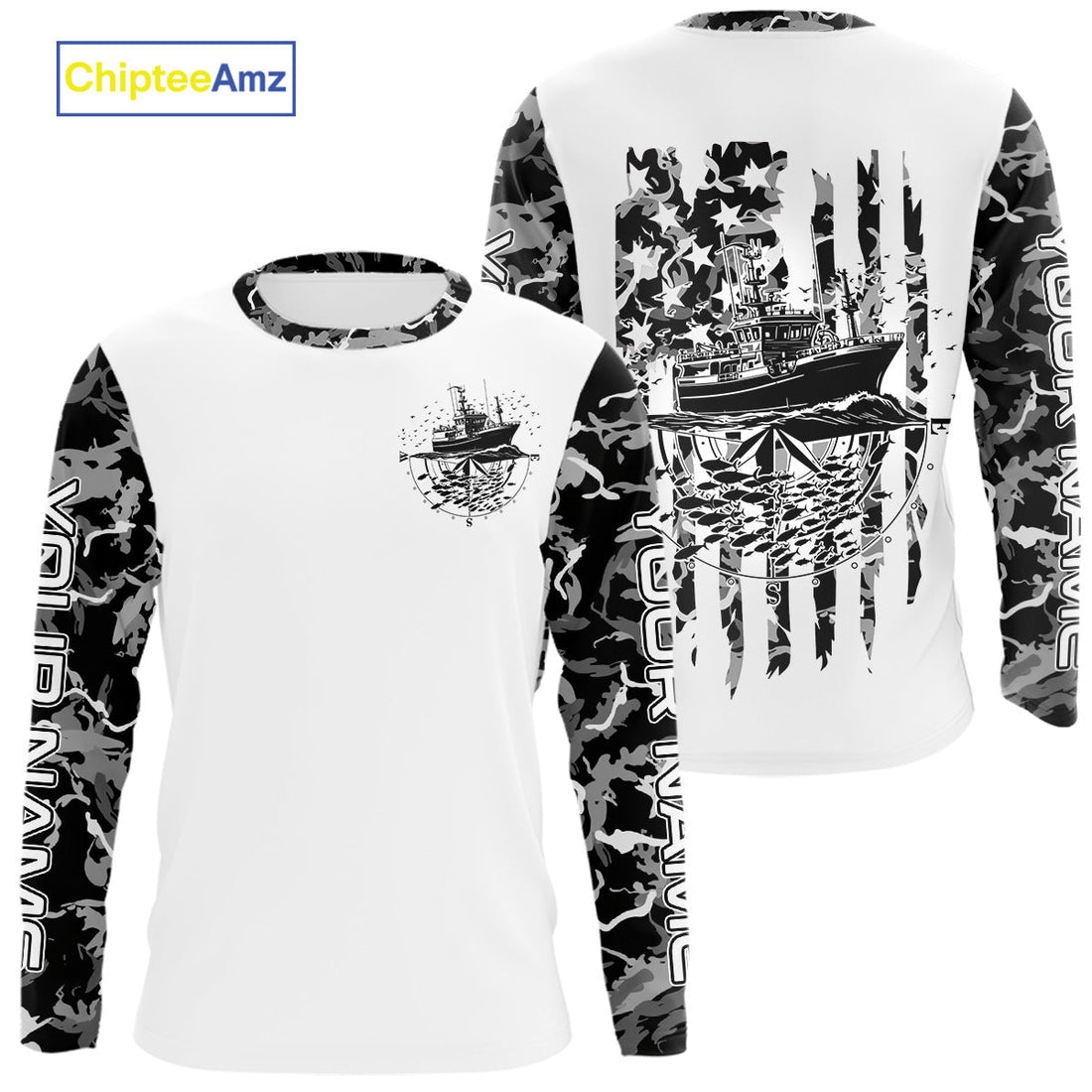 Custom Gray Camo Patriotic Saltwater Long Sleeve Hooded Fishing, Deepsea Fishing