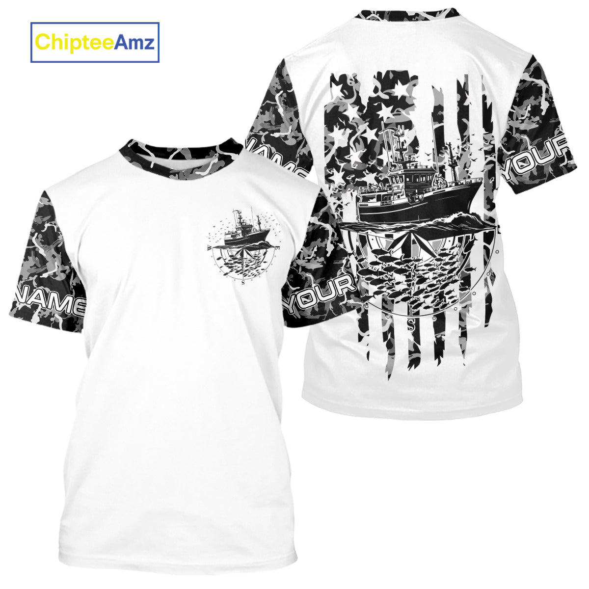 Custom Gray Camo Patriotic Saltwater Long Sleeve Hooded Fishing, Deepsea Fishing