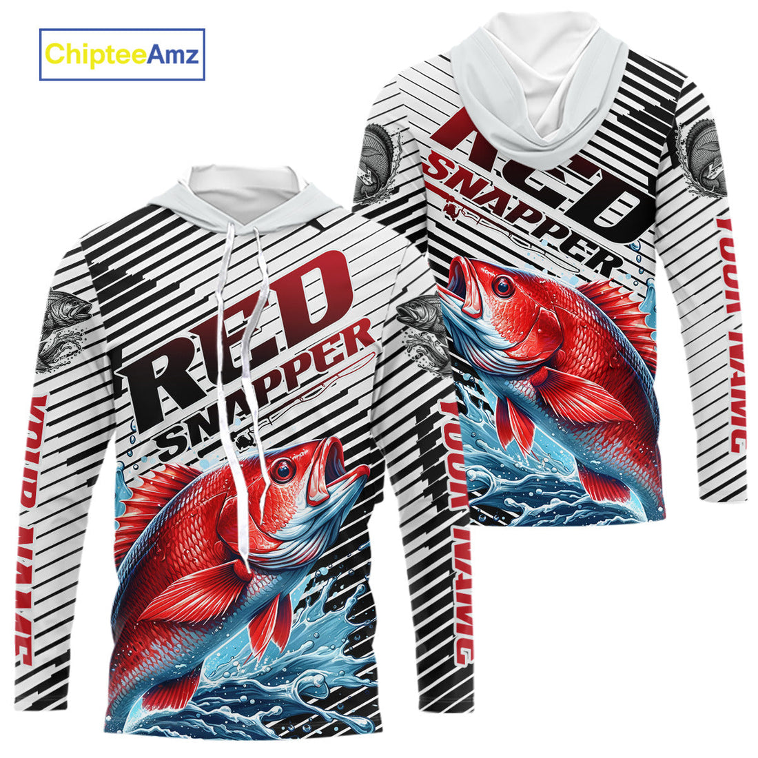 Custom Red Snapper Fishing, Red Snapper Long Sleeve Hooded Performance Fishing
