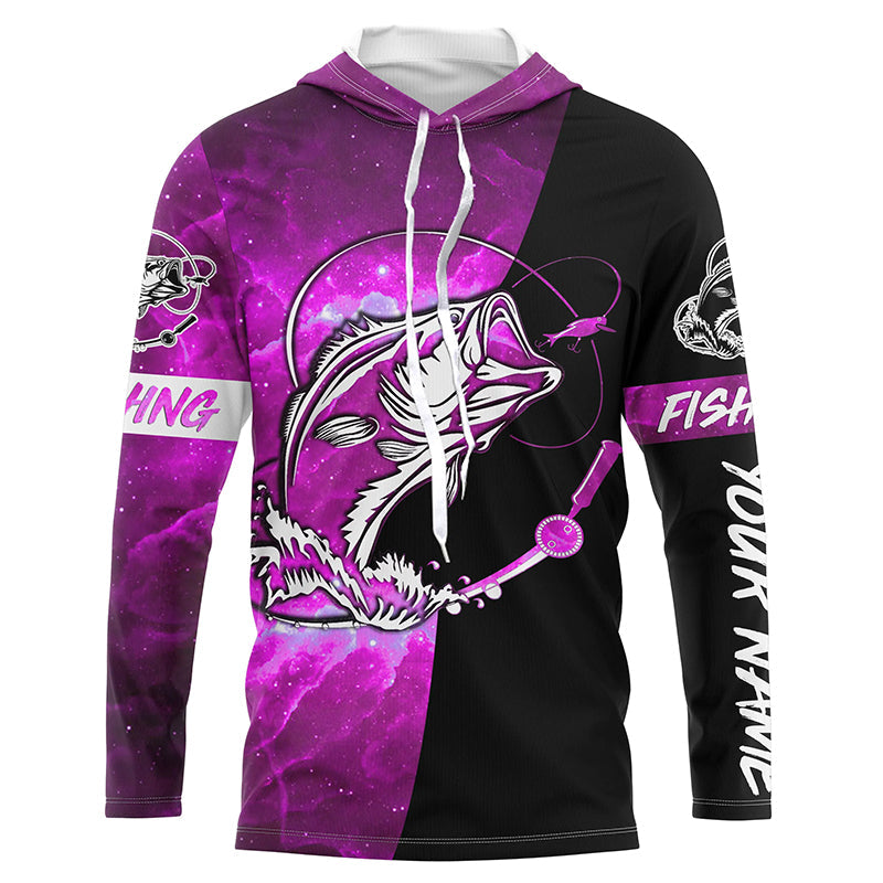 Bass Fishing tattoo pink galaxy black Custom name performance UV protection long sleeve fishing NQS5399