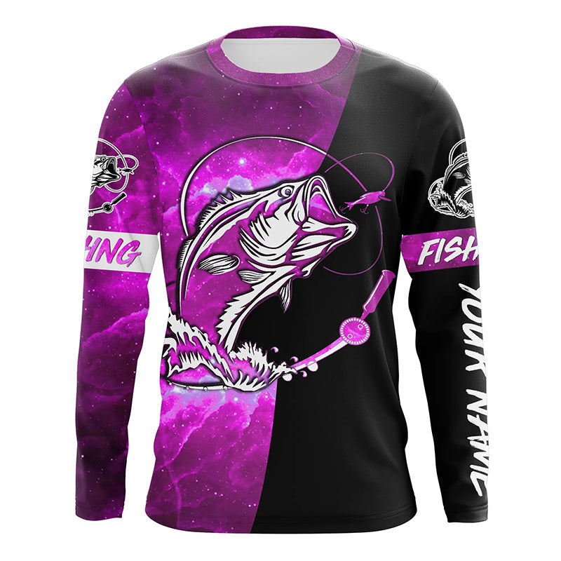 Bass Fishing tattoo pink galaxy black Custom name performance UV protection long sleeve fishing NQS5399
