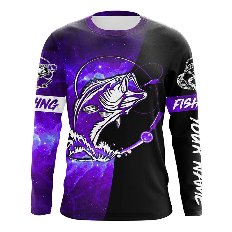 Bass Fishing tattoo purple galaxy black Custom performance UV protection long sleeve fishing NQS5400