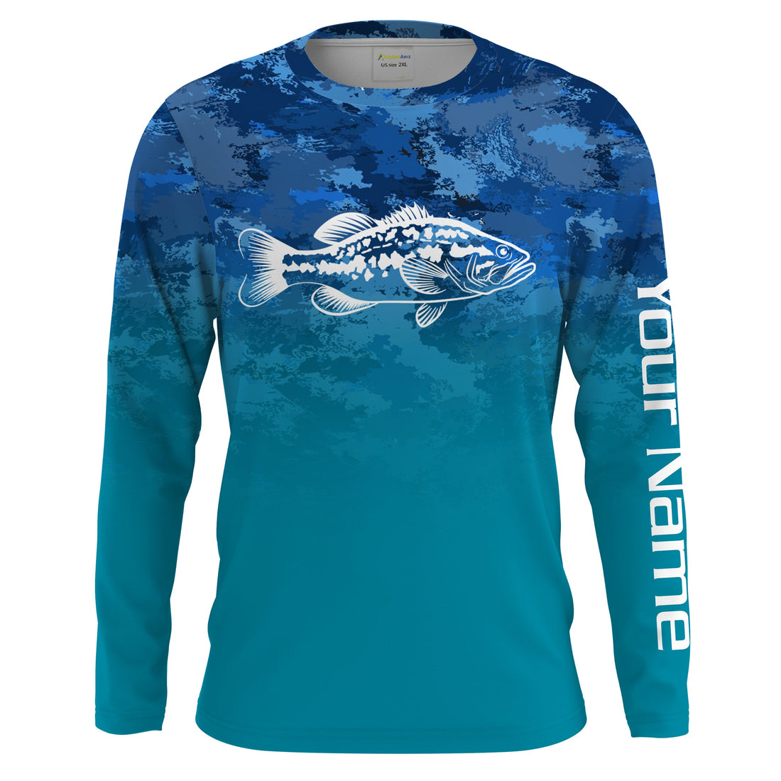Largemouth Bass fishing blue camo ocean Customize Name UV Long Sleeve Fishing UPF 30+ NQS2183