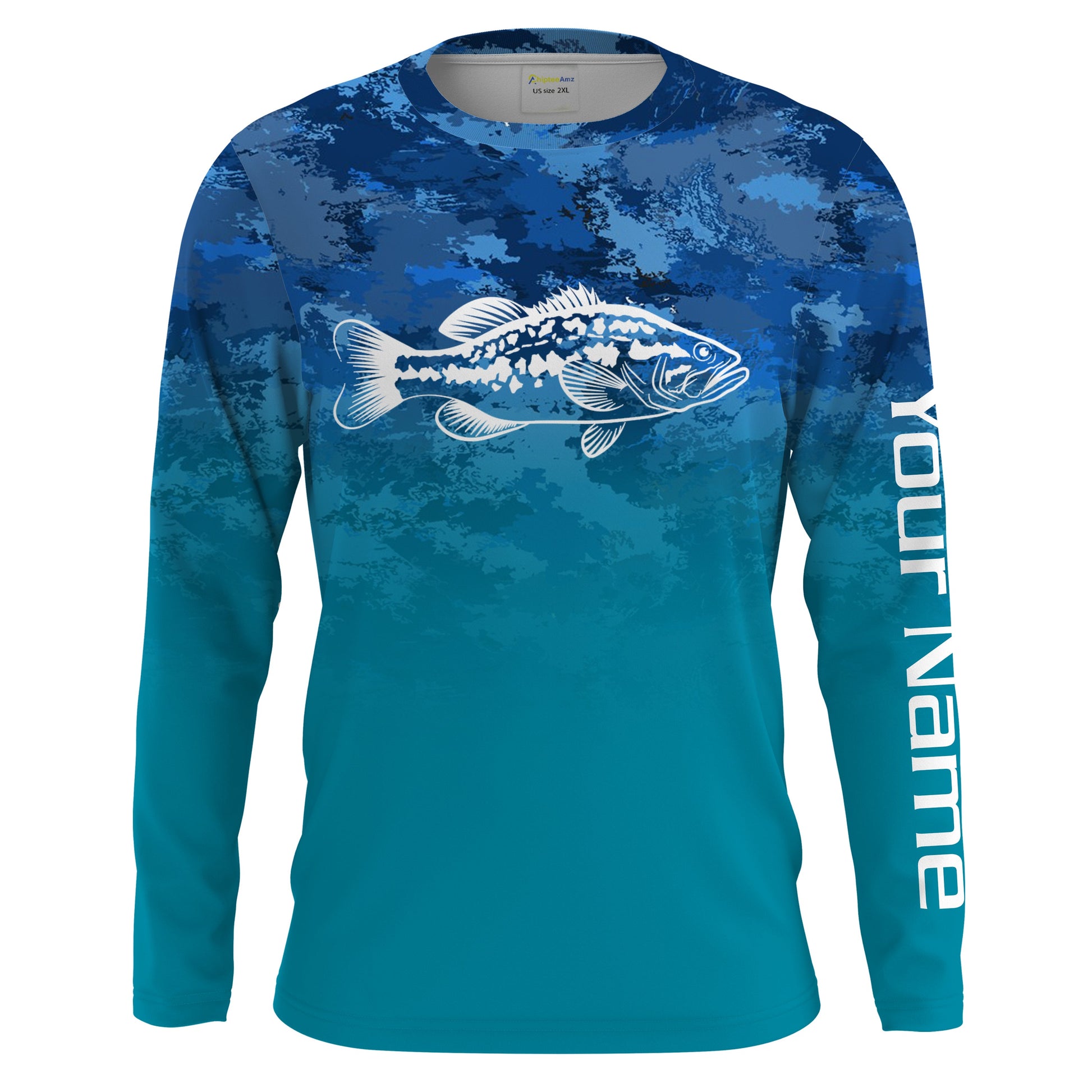 Largemouth Bass fishing blue camo ocean Customize Name UV Long Sleeve Fishing UPF 30+ NQS2183