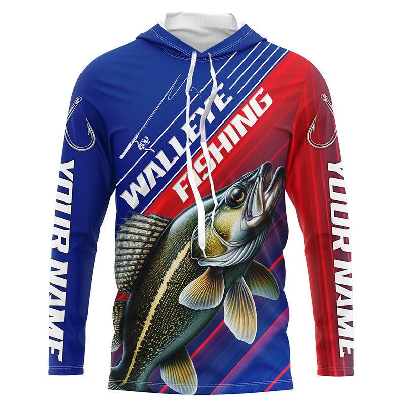 Custom Walleye Fishing Long Sleeve Tournament, Red White And Blue Walleye Fishing