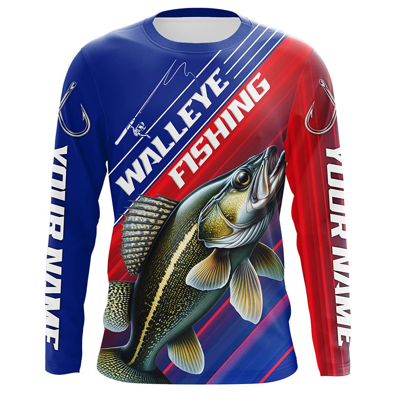 Custom Walleye Fishing Long Sleeve Tournament, Red White And Blue Walleye Fishing