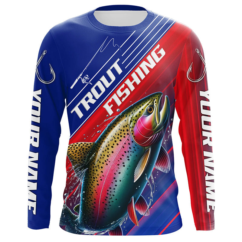 Custom Rainbow Trout Fishing Long Sleeve Tournament, Red White And Blue Trout Fishing