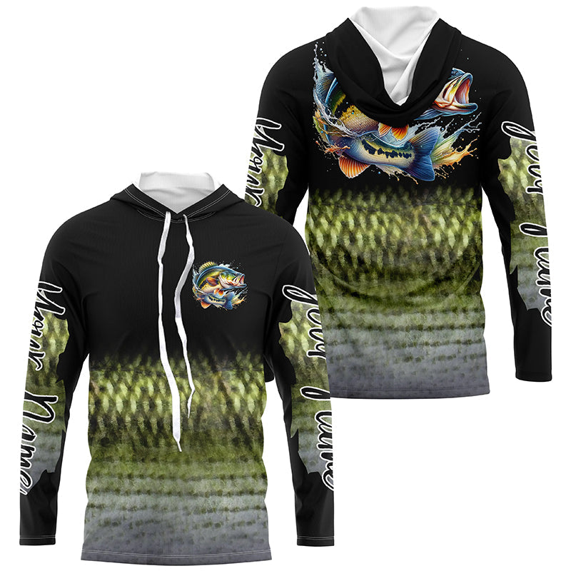 Largemouth Bass fishing Custom sun protection black long sleeve fishing, Bass scales NQS4130