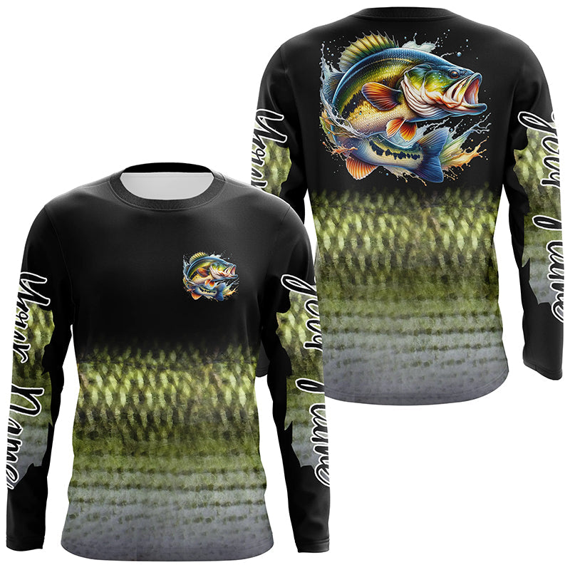 Largemouth Bass fishing Custom sun protection black long sleeve fishing, Bass scales NQS4130
