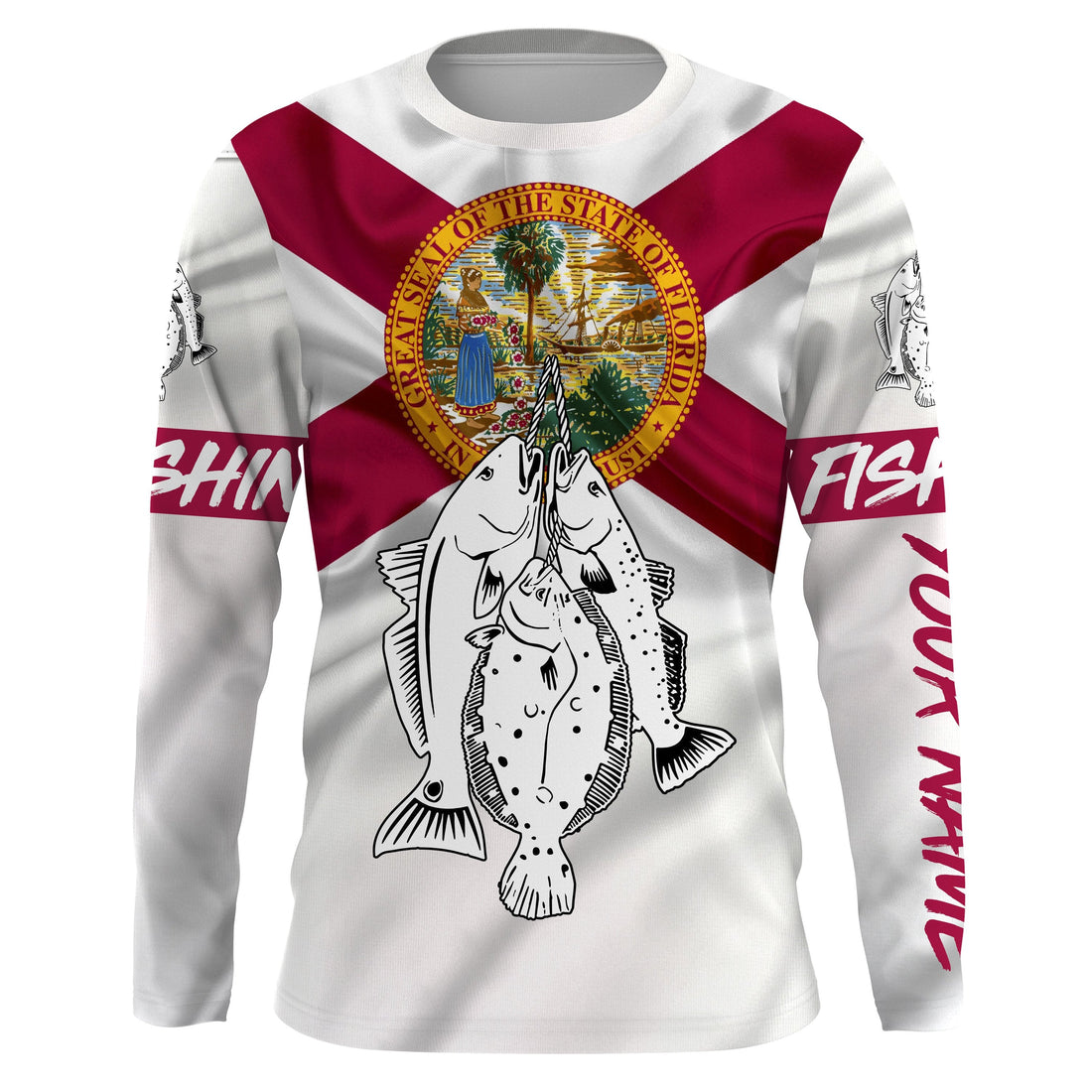 Inshore Grand Slam Redfish, Speckled Trout, Flounder fishing Florida State Flag patriotic Custom name UV protection fishing NQS2637