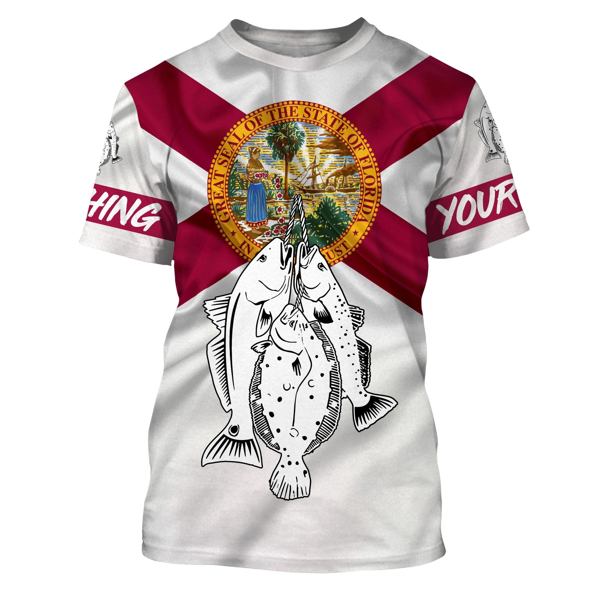 Inshore Grand Slam Redfish, Speckled Trout, Flounder fishing Florida State Flag patriotic Custom name UV protection fishing NQS2637