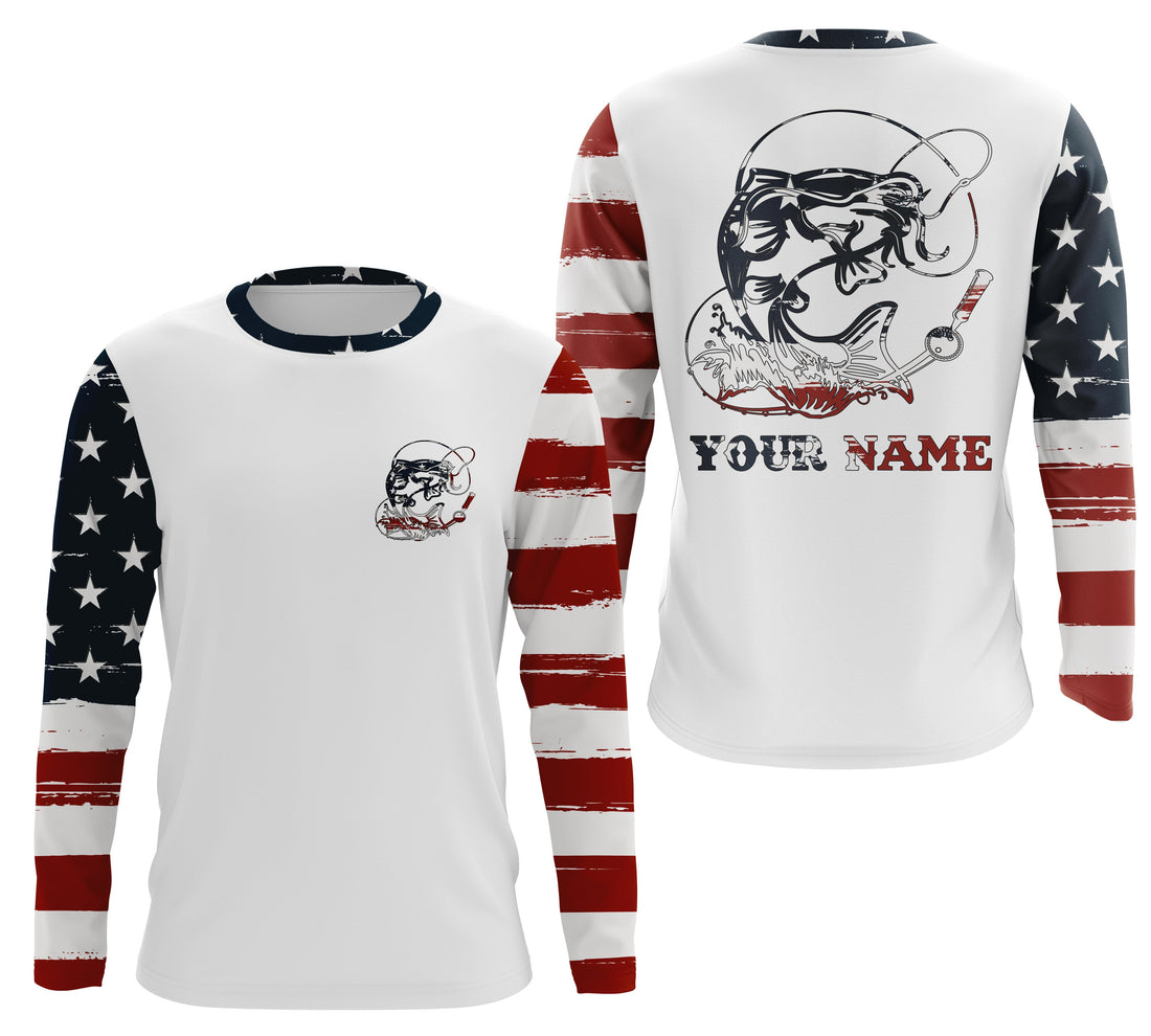 Catfish Fishing catfish hunter American Flag Customized Name UV Protection, patriotic Fishing Clothing NQS2384