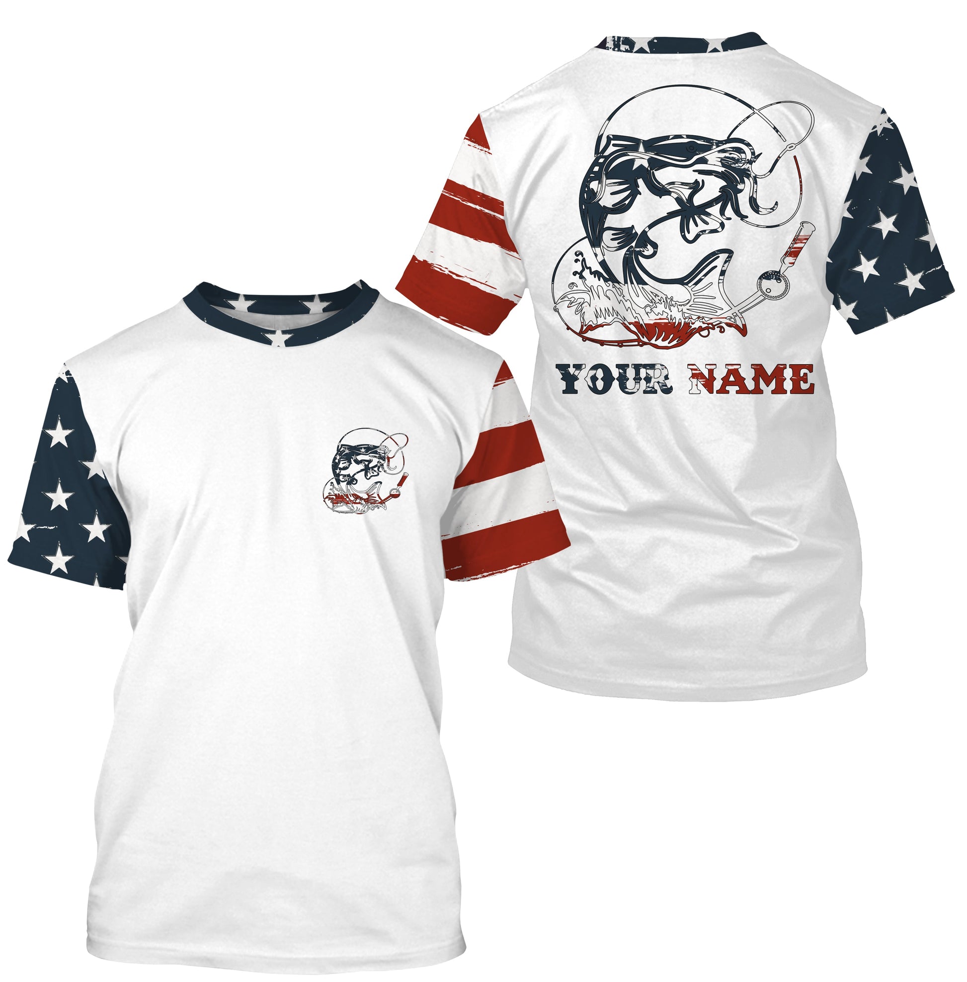 Catfish Fishing catfish hunter American Flag Customized Name UV Protection, patriotic Fishing Clothing NQS2384