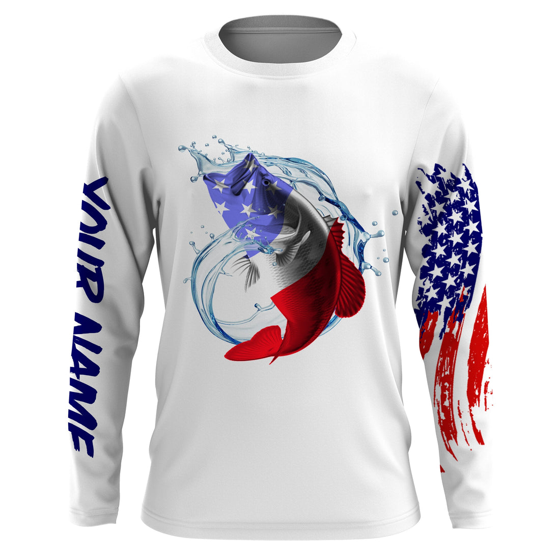 Largemouth bass fishing American flag patriotic Custom Name UV protection UPF 30+ fishing NQS2972
