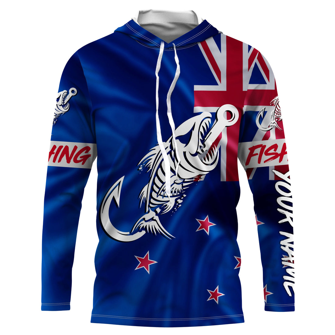 Customized New Zealand long sleeve fishing New Zealand Flag Fish hook skull performance NQS3328