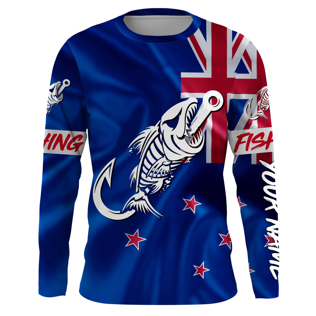 Customized New Zealand long sleeve fishing New Zealand Flag Fish hook skull performance NQS3328
