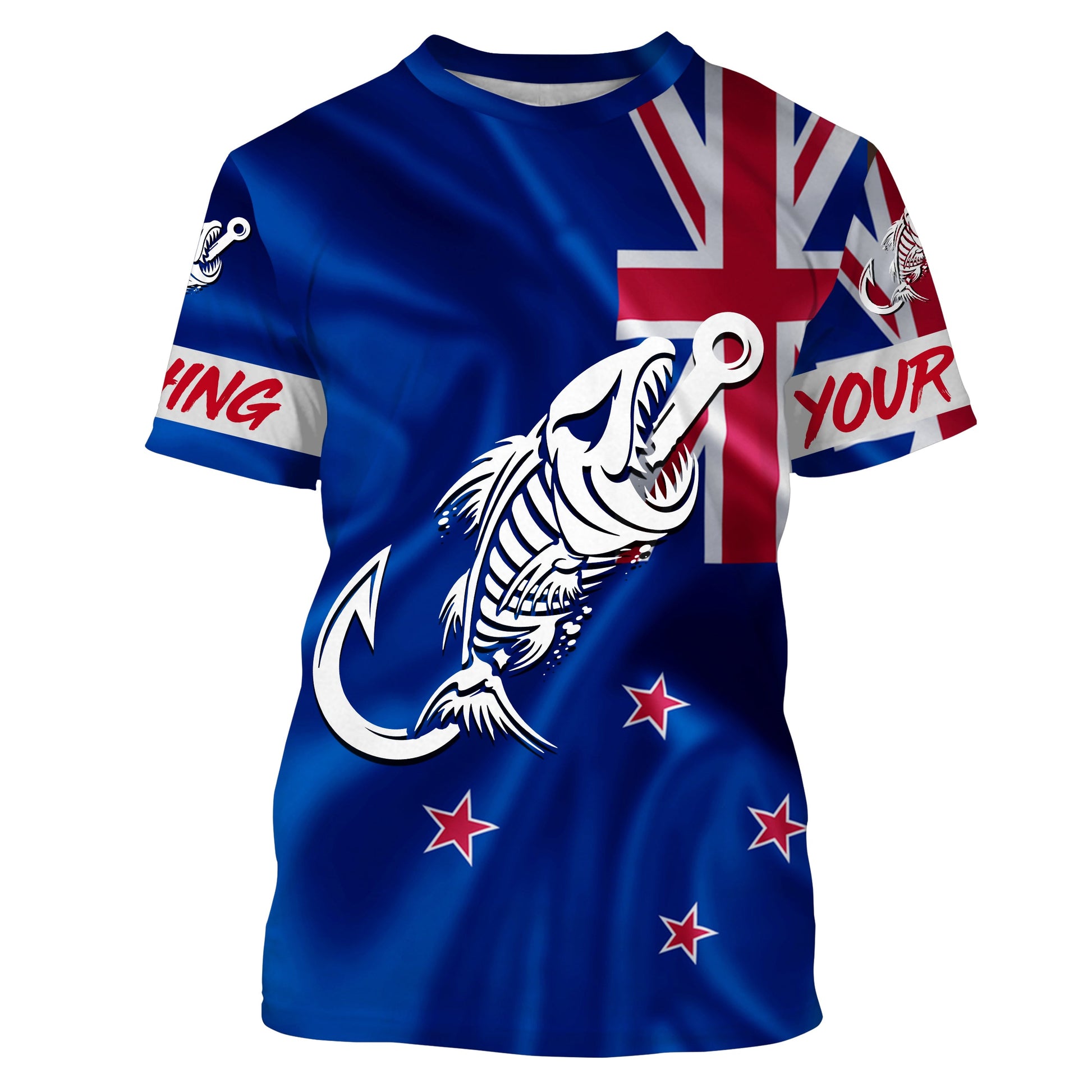 Customized New Zealand long sleeve fishing New Zealand Flag Fish hook skull performance NQS3328