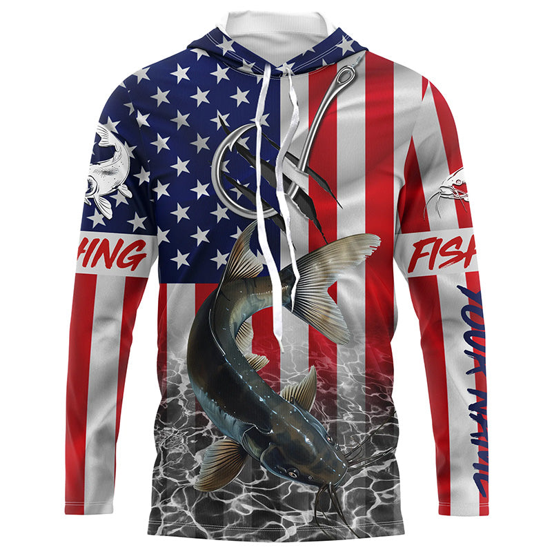 American Flag Catfish Fish hook Custom long sleeve performance Fishing, Catfish Fishing NQS5535