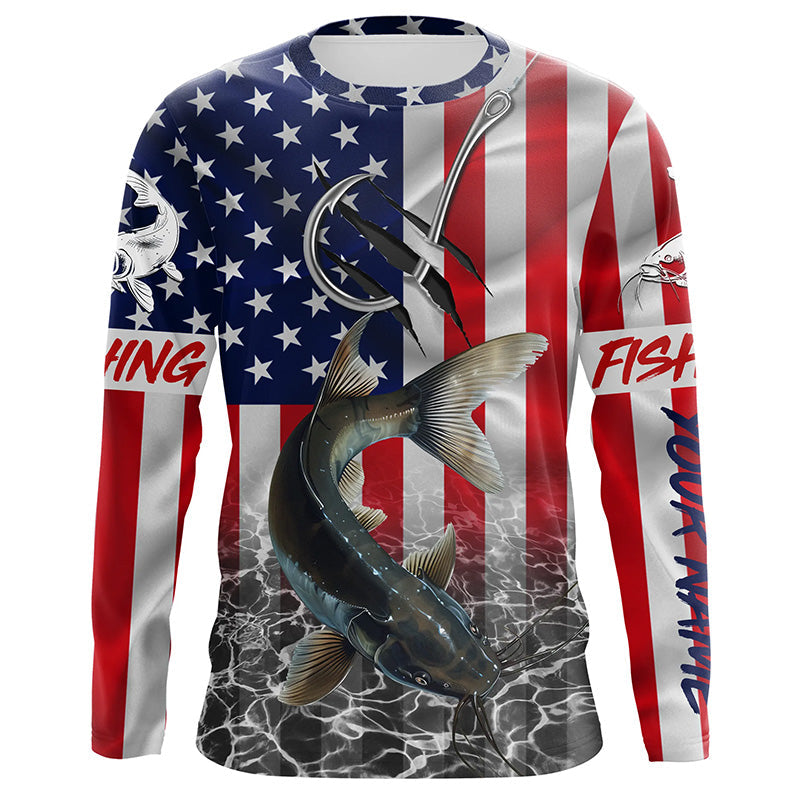 American Flag Catfish Fish hook Custom long sleeve performance Fishing, Catfish Fishing NQS5535