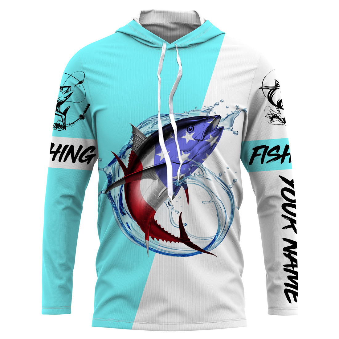 Tuna fishing American flag Custom Name long sleeve performance fishing | Bright Sky Blue NQS3814