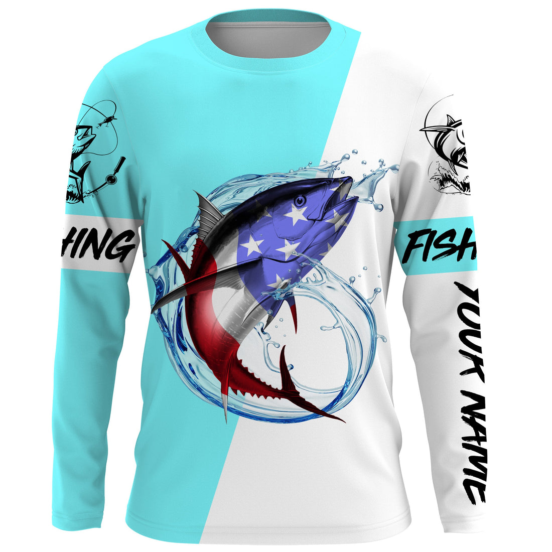 Tuna fishing American flag Custom Name long sleeve performance fishing | Bright Sky Blue NQS3814