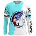 Tuna fishing American flag Custom Name long sleeve performance fishing | Bright Sky Blue NQS3814