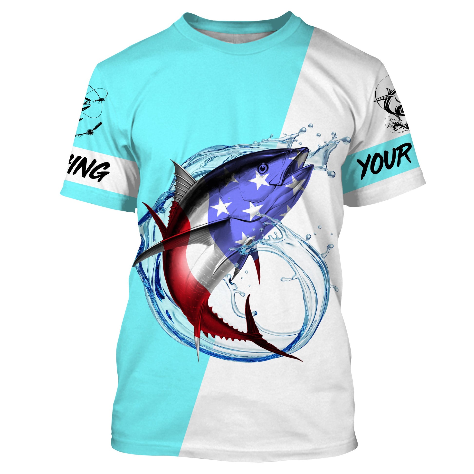 Tuna fishing American flag Custom Name long sleeve performance fishing | Bright Sky Blue NQS3814