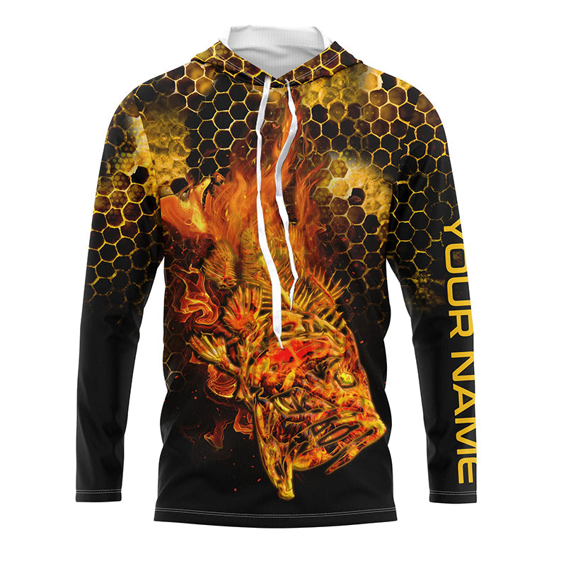 Flaming Fire fish skeleton fishing Custom UV sun protection Long sleeve Fishing, Fishing Gift NQS4602