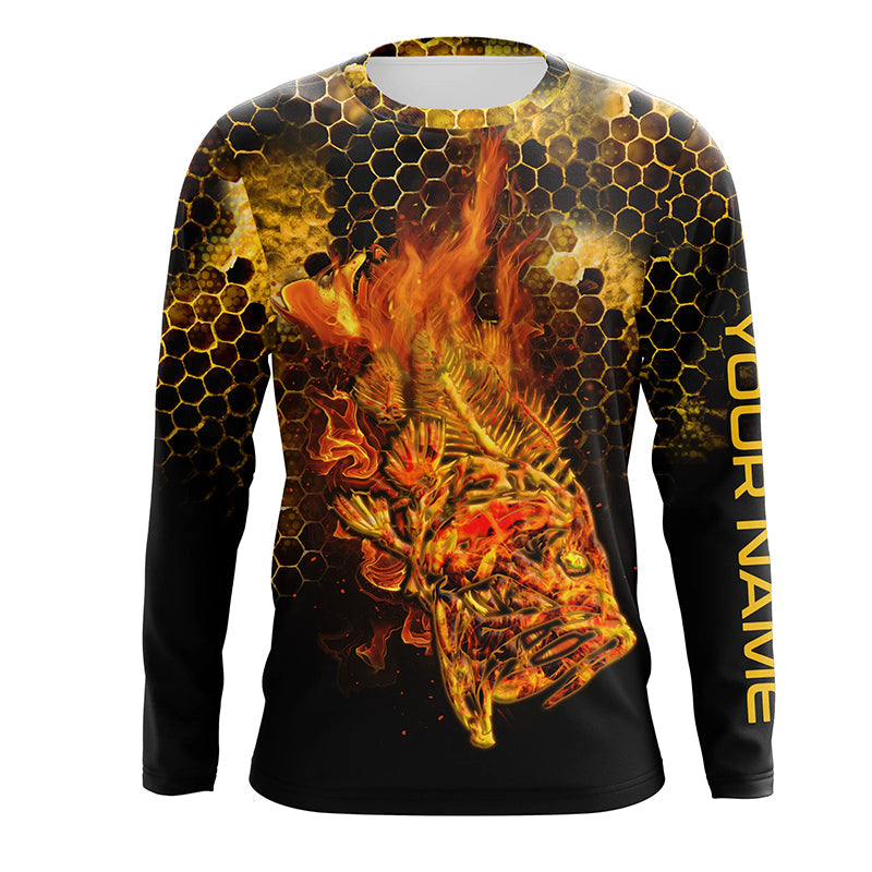 Flaming Fire fish skeleton fishing Custom UV sun protection Long sleeve Fishing, Fishing Gift NQS4602